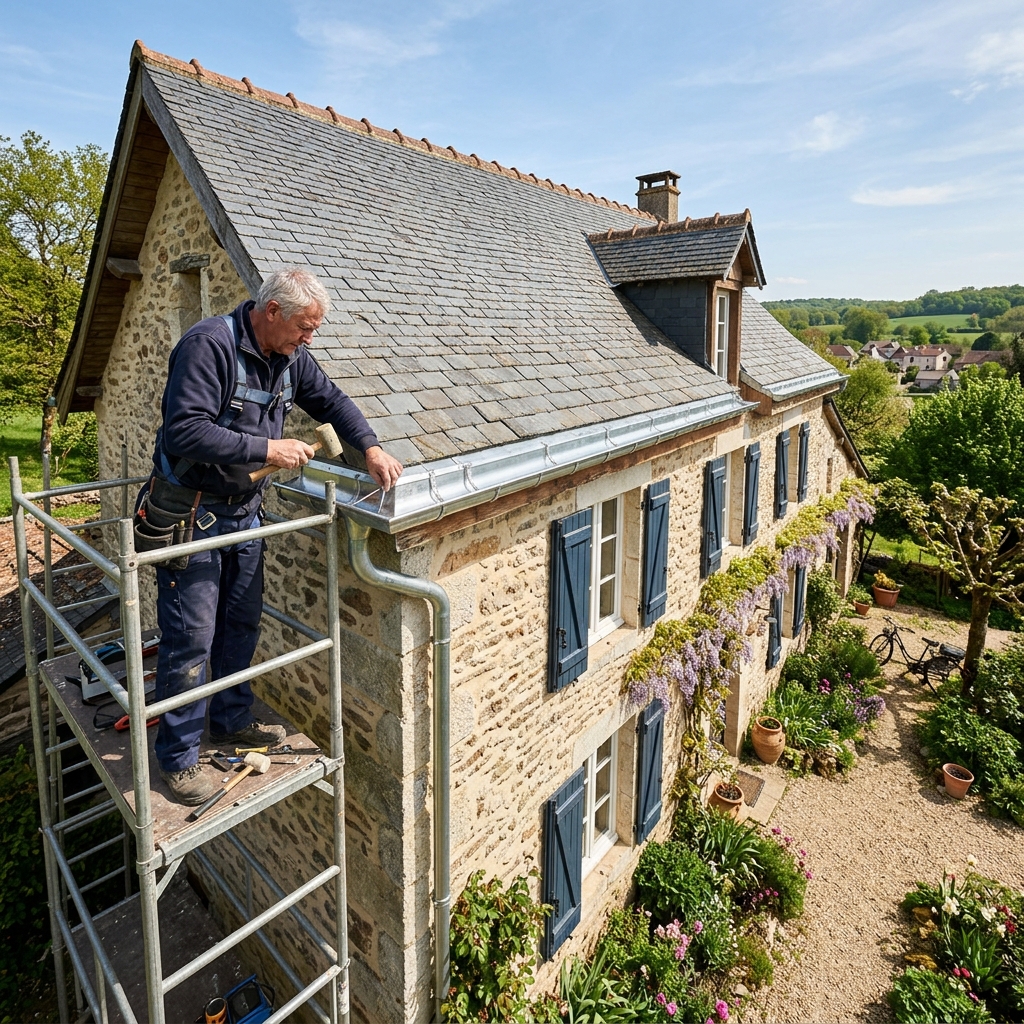 Artisan couvreur-zingueur posant des gouttières en zinc sur une maison française